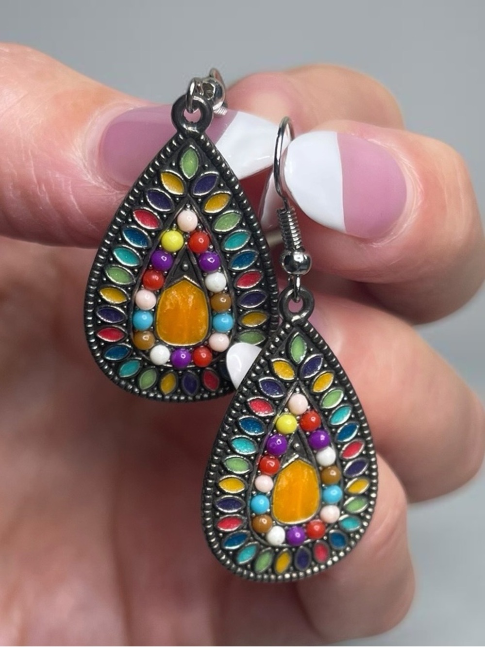 Multicolor Mosaic Teardrop Silver Tone Boho Dangle Earrings